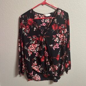 Peach Love California Black and Pink Floral 3/4 Sleeve Blouse